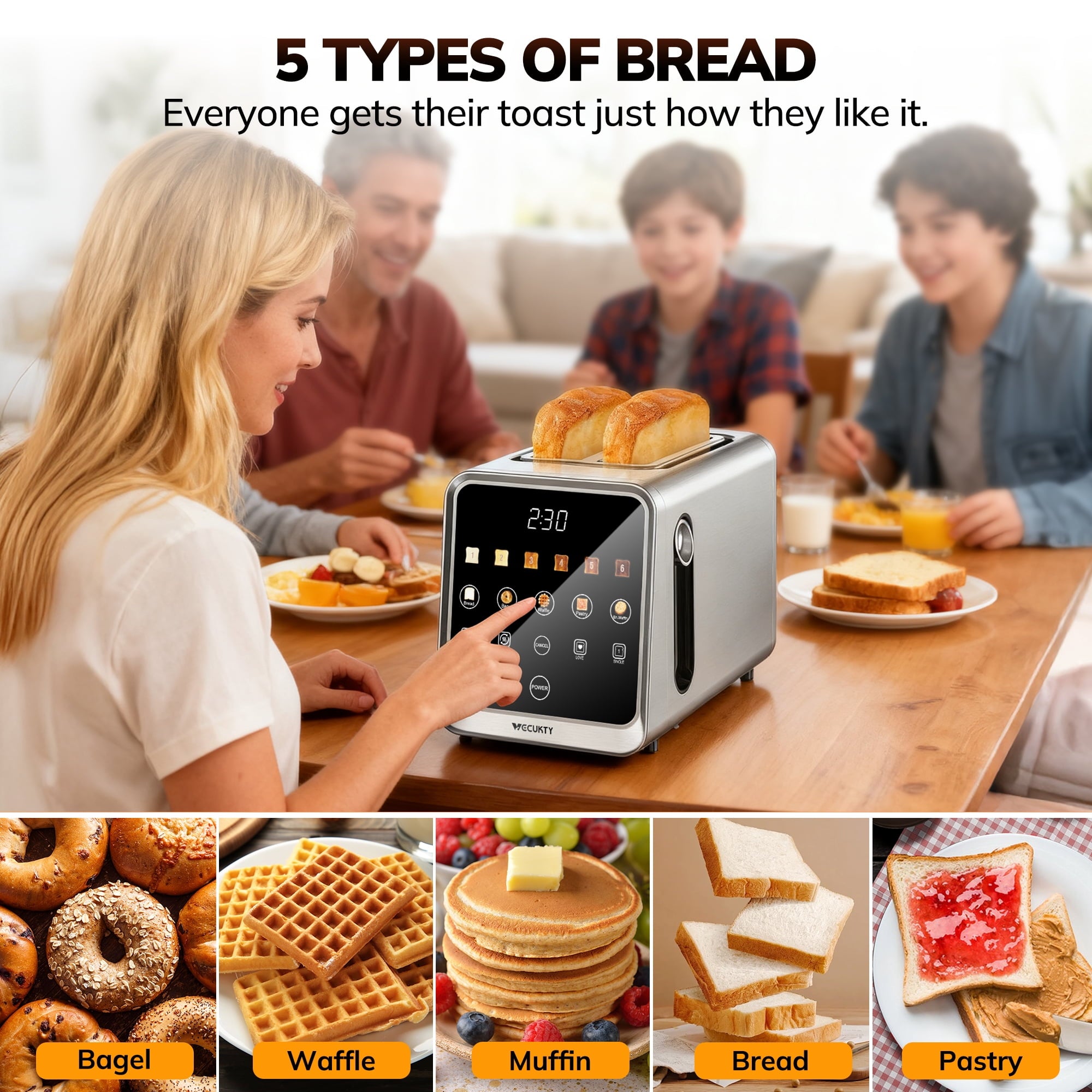 Digital 2 Slice Toaster, Dual Control Panel Smart Toaster with TouchScreen, Single Slot Toasting, Reheat & Defrost for Bagels, Bread, Waffles
